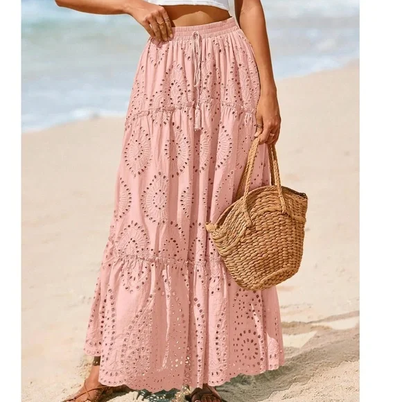 Boho Royal Blue Eyelet Stretchy waist Lined Maxi Skirt - Picture 9 of 12